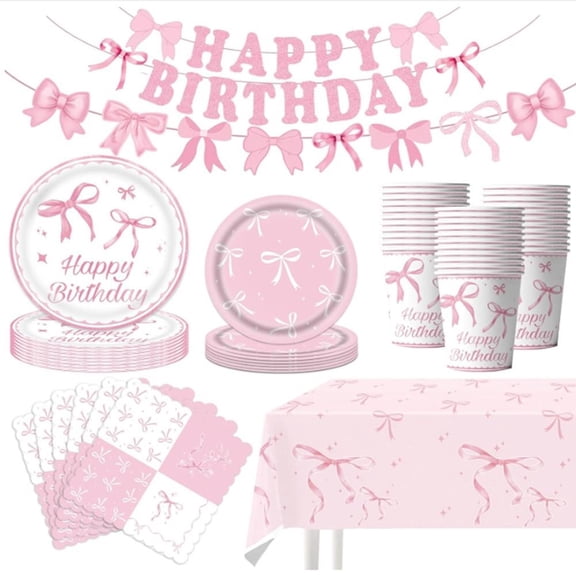 Pink Bow Birthday Party Supplies Kit,Lncludesice Bow Themed Plates Cups Napkins Cutlery Tablecloth and Banner, for Bridal Engagement Princess Birthday Party Decorations