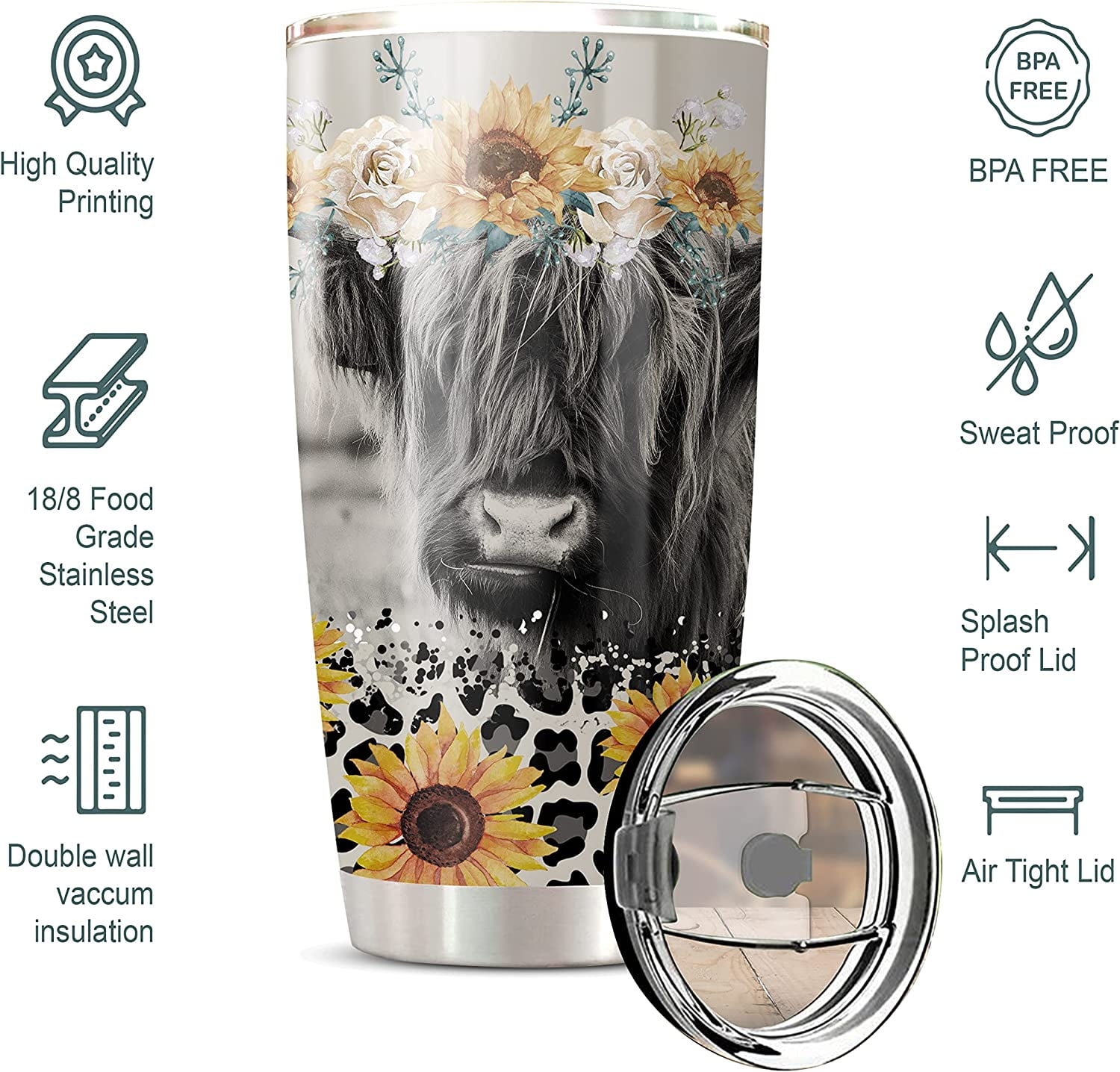 Reateforin Funny Cow with Sunflower 20 Oz Stainless