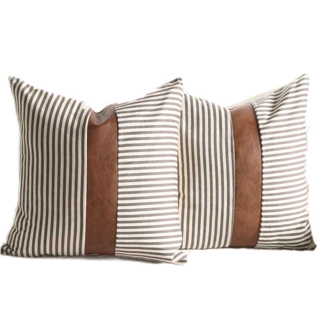 Fundas de almohada decorativas 18X18 pulgadas Juego de 2 Fundas de almohada modernas de cuero sintético y rayas de tictac Fundas de cojines de decoración interior y exterior boho para sofá Sofá Namotu CZJJ-ZC104-2