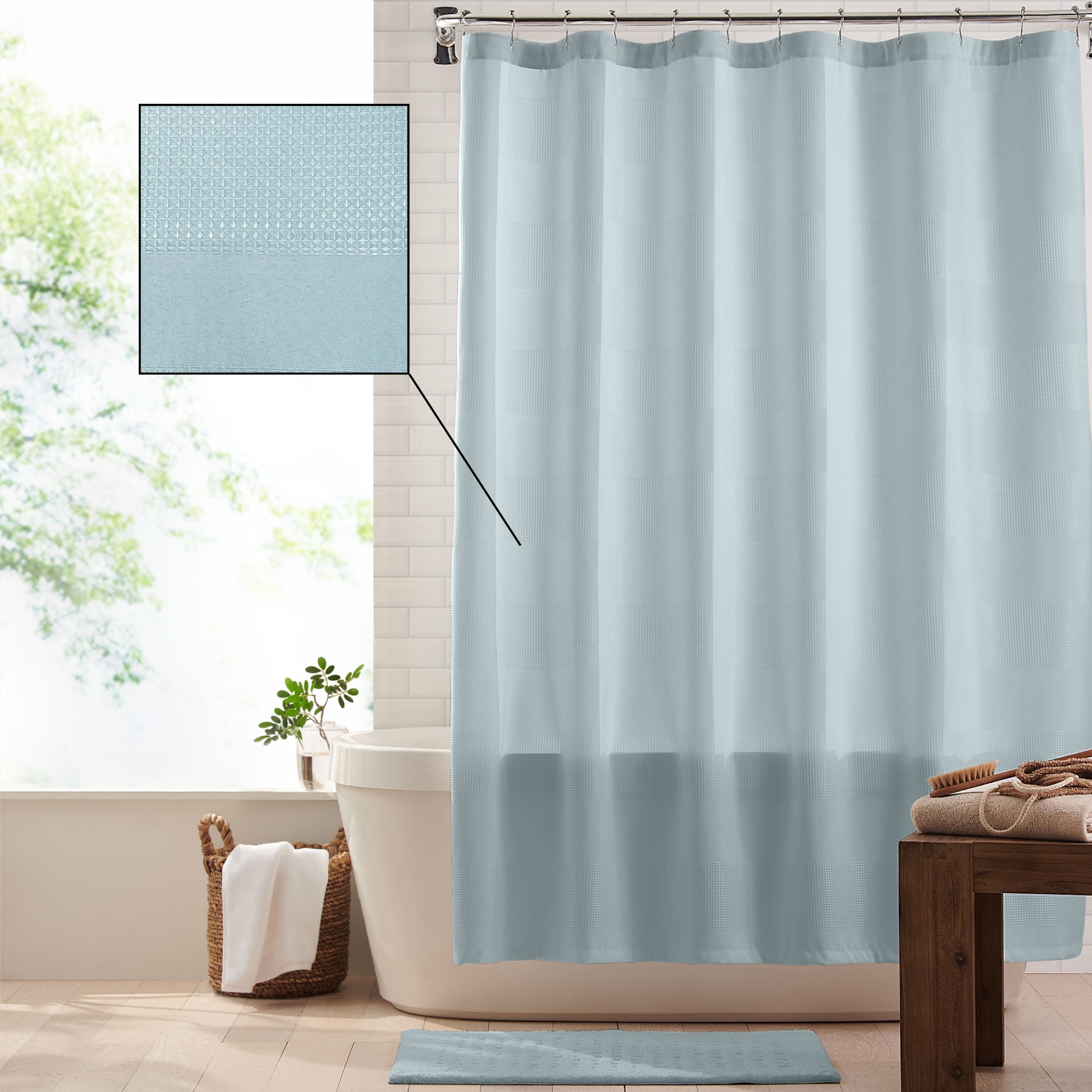 Essential Waffle Stripe Modern Fabric Shower Curtain, Spa Blue, 72"x72"