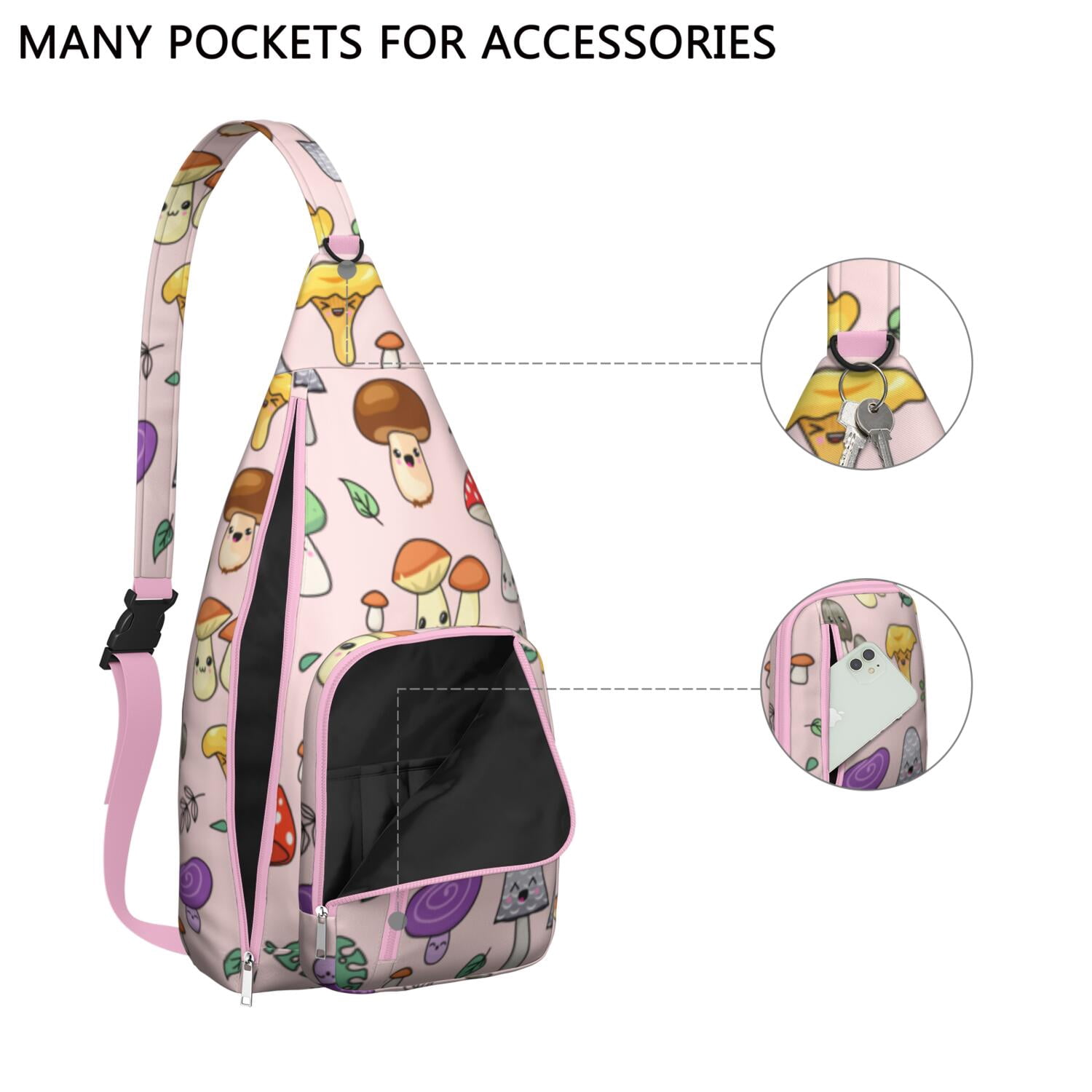 Boho Mushroom Sling Bag for Women - Vintage Floral Print, Adjustable Strap, Water-Resistant Crossbody Chest Bag (19.9×9.4×3.0inch)