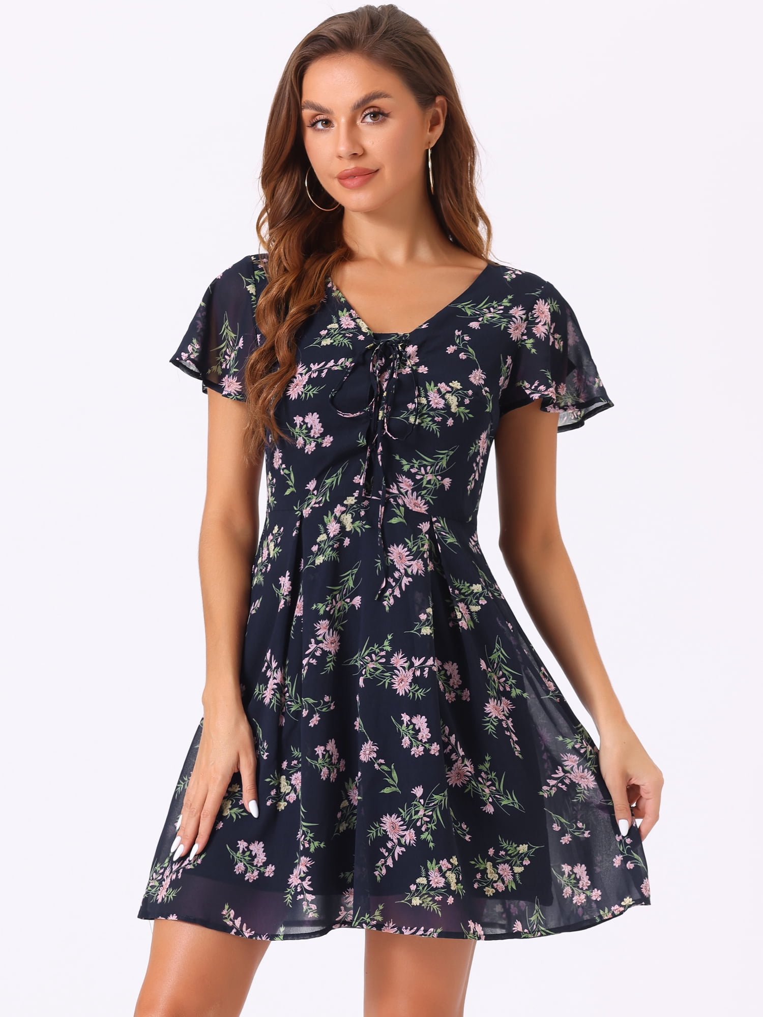 DARING DIVA Floral Flouncing Sleeve V Neck A-Line Chiffon Dress  S Blue