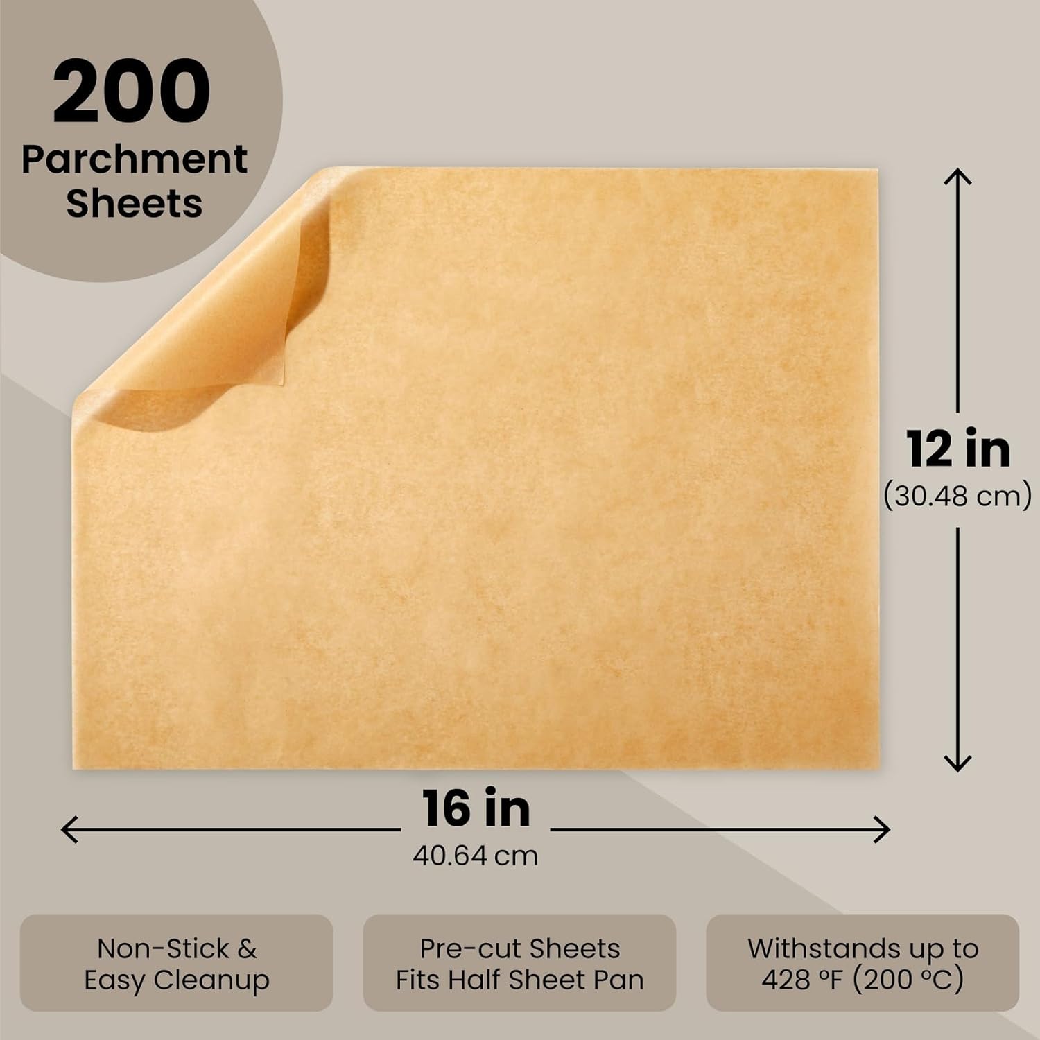 Parchment Paper Sheets - 200 Pack, 12 x 16 in, Unbleached Brown - Nonstick Half Sheet Pan Liners & Parchment Paper for Baking - Disposable Air Fryer Liners for Grilling & Steaming