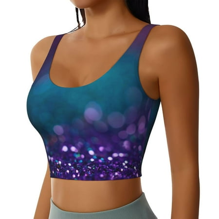 Picia Purple and Green Glitter Sports Bra for Women Padded Strappy Sports Bras Medium Support Yoga Bra with Removable Cups Running Yoga Bra-Medium