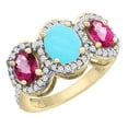 thumbnail image 1 of 10K Yellow Gold Natural Turquoise & Pink Topaz 3-Stone Ring Oval Diamond Accent, size 7, 1 of 2