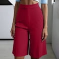thumbnail image 4 of Rggeeun Women'S Shorts Solid Color Knee Length Elastic High Waist Wide Leg Loose Fit With Front Seam & Pleated For Holiday Beach Classic Bottoms,Red,S, 4 of 8
