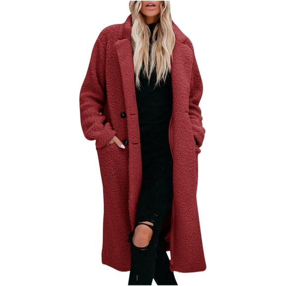Qetyuw Trench Coat for Women Winter Wool Fleece Long Sleeve Peacoat Double Breasted Lapel Chunky Casual Overcoat