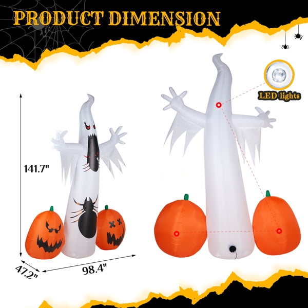 11.8FT Giant Halloween Inflatable, Ghost & Pumpkin Design, LED Lights, Waterproof Polyester, Stakes/Ropes Included for Yard/Party Decoration
