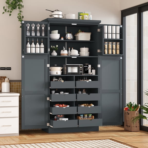 Harper & Bright Designs Farmhouse Kitchen Pantry Cabinet with Hutch, Tall Kitchen Storage Cabinet with Door and Drawer, Freestanding Hutch with Adjustable Shelf and Pull-out Trays, 70.9", Gray