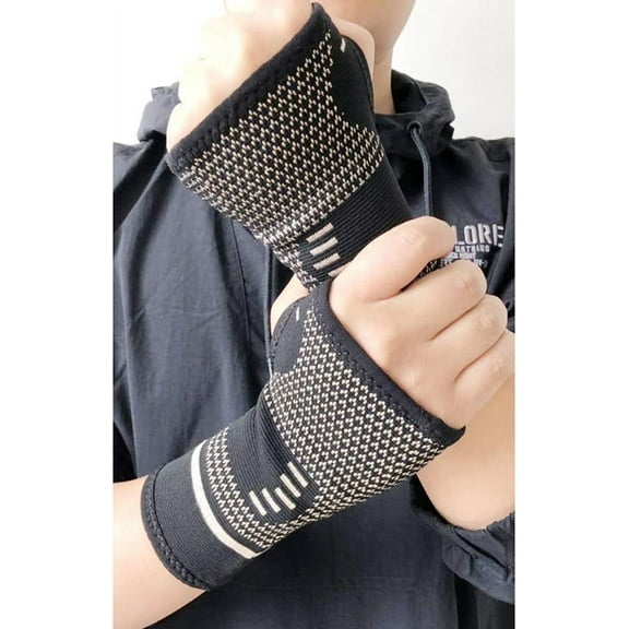1Pair Copper Wrist Compression Sleeve, Elastic Wrist Support Sleeve Wrist Brace for Tendonitis, Arthritis, Sprains Pain Relief, Breathable Carpal Tunnel Hand Brace for Sport, Fitness