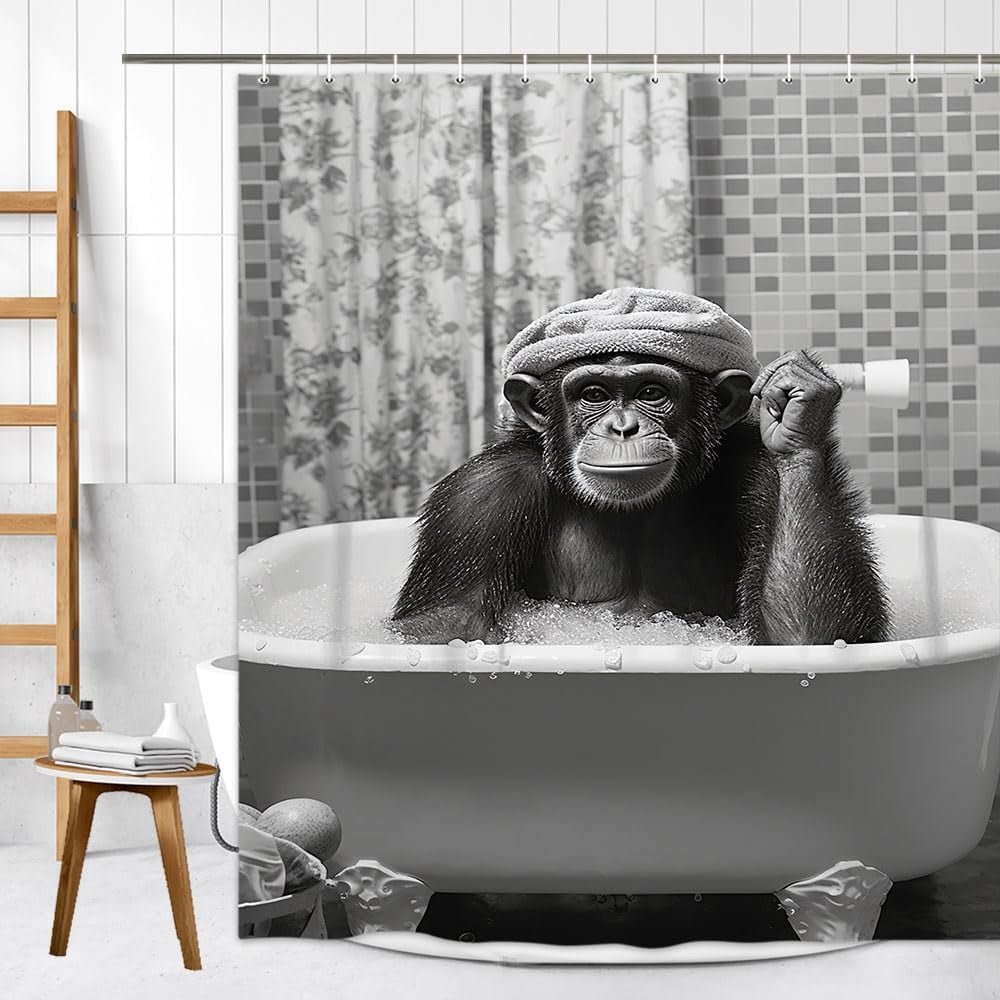 Funny Monkey Shower Curtain, Black and White Fun Animal in Bathtub, 72x72 Humorous Shower Curtain Set, Gray Style Bathroom Decor Curtain with Shower Hooks 36X72inches