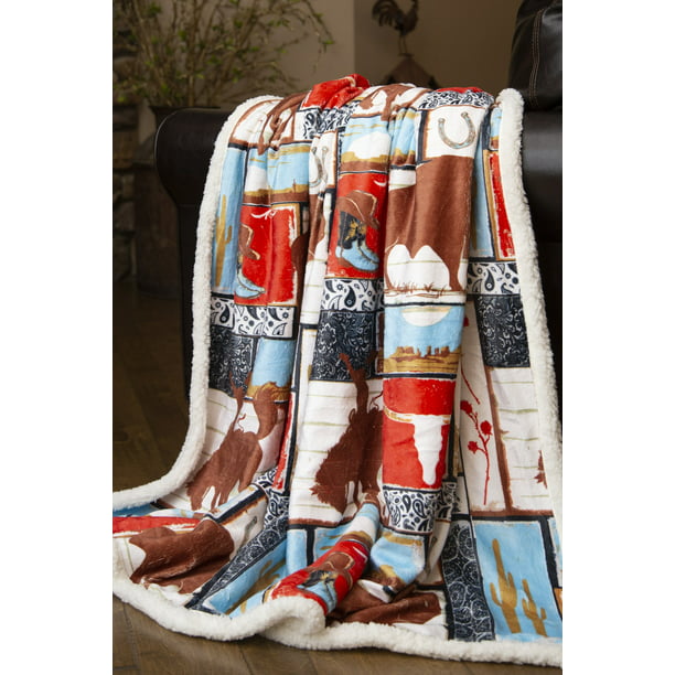 Wrangler Vintage Western Sherpa Throw Blanket 54x68 