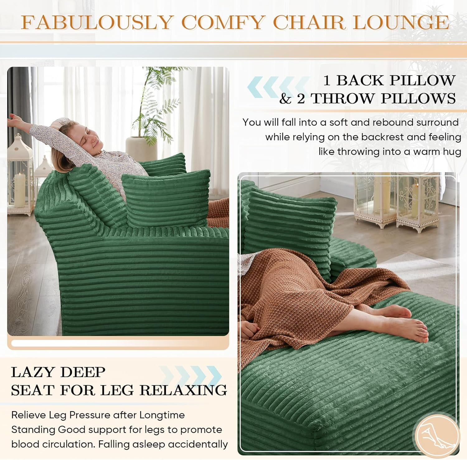 AENKYO 50" Chaise Lounge Sofa Bed with 3 Pillows, Convertible Sleeper Couch for Living Room, Bedroom & Small Spaces - Corduroy Upholstered Deep Seat Comfy Furniture - Green
