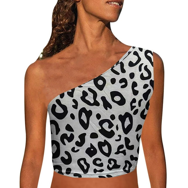 Leutsin Womens Print Tank Crop Tops Sleeveless One Shoulder Shirt Summer Charming Tees