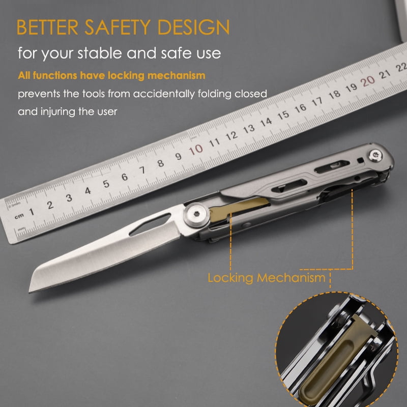 Maerd P3 9in1 Hard Stainless Steel Multitool, Foldable Self-Locking Multi tool with Belt clip, First Aid Scissors, Saw, Escape Hammer, Bottle Opener, Sickle, EDC Multitool Emergency