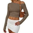 thumbnail image 4 of larppty Womens Off Shoulder Tops Long Sleeve Going Out Basic Shirts Cute Y2K Fall Trendy Fashion 2025 (Brown, XL), 4 of 7