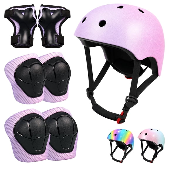 7 Pack Protective Gear Set rainbow color,Adjustable PC EPS MultiSport Helmet with Adjustable Knee Elbow Wrist Pads for Kids Youth Adult for Skateboard, Scooter, Balance Bike, Roller Skating