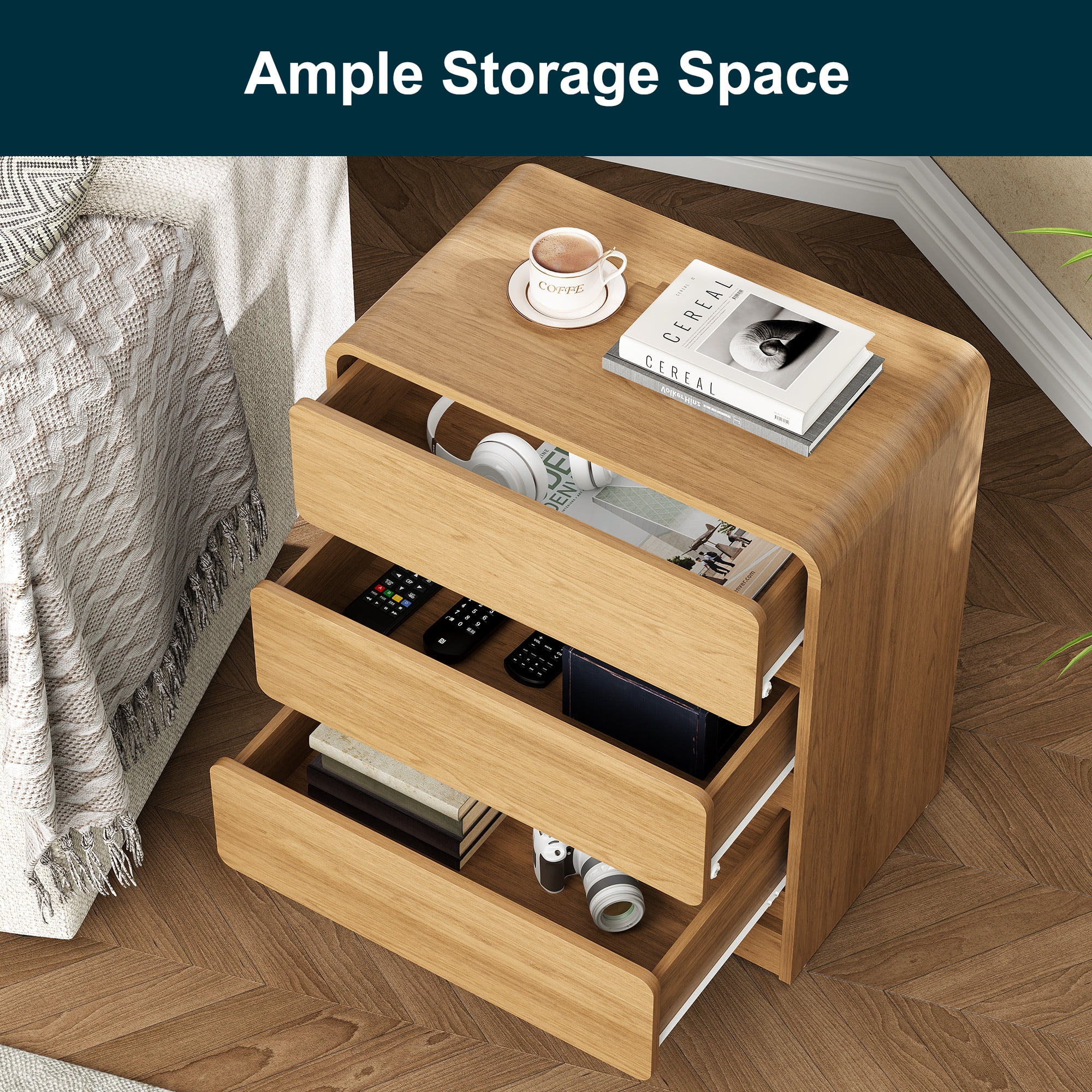 Heynemo Modern 3-Drawer Storage Dresser for Home and Office, Natural