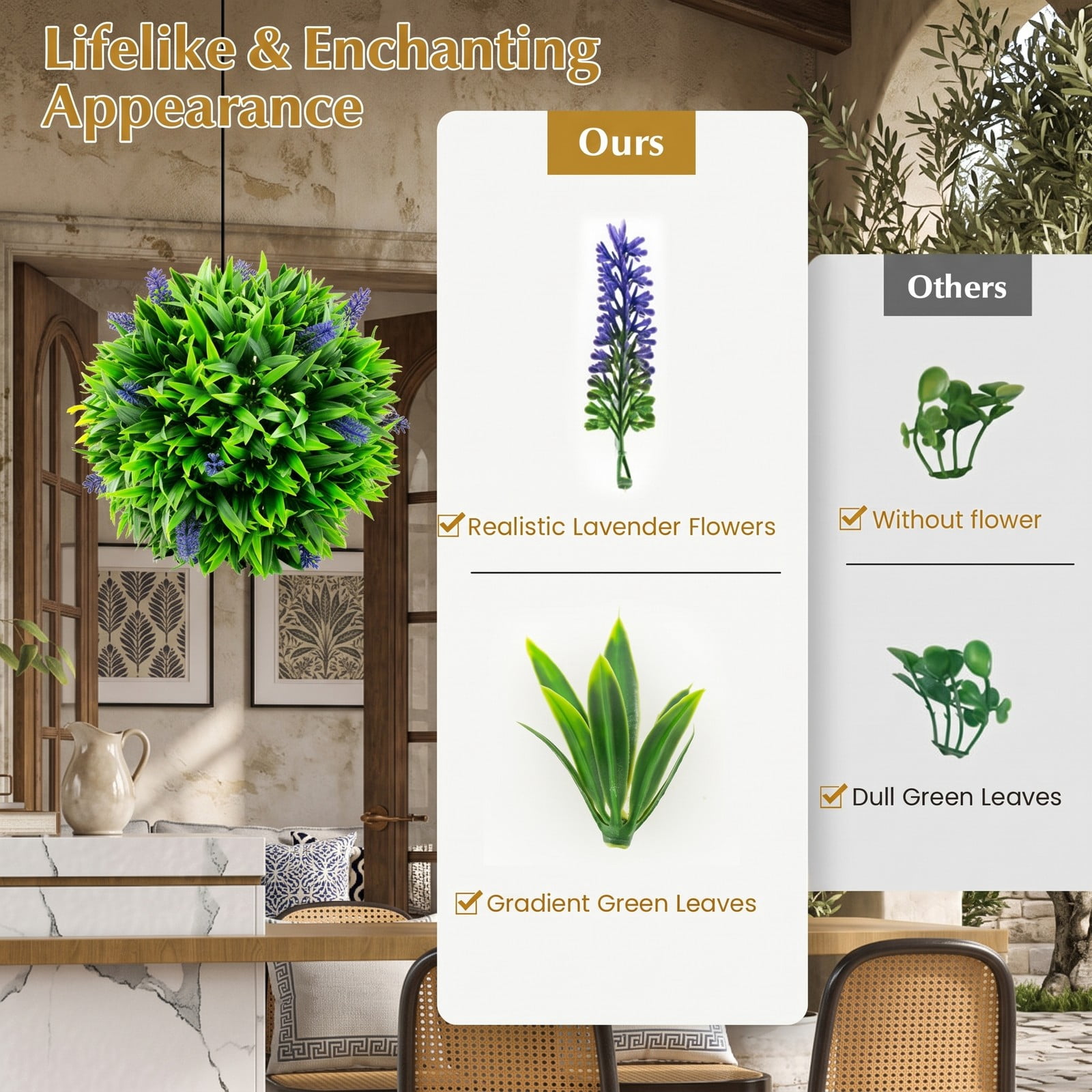 ALPULON 2 Pieces 12 Inch Artificial Lavender Topiary Balls with Flowers Faux Boxwood Ball Fake Plants for Indoor Outdoor Garden Home Front Porch Wedding, Purple Green
