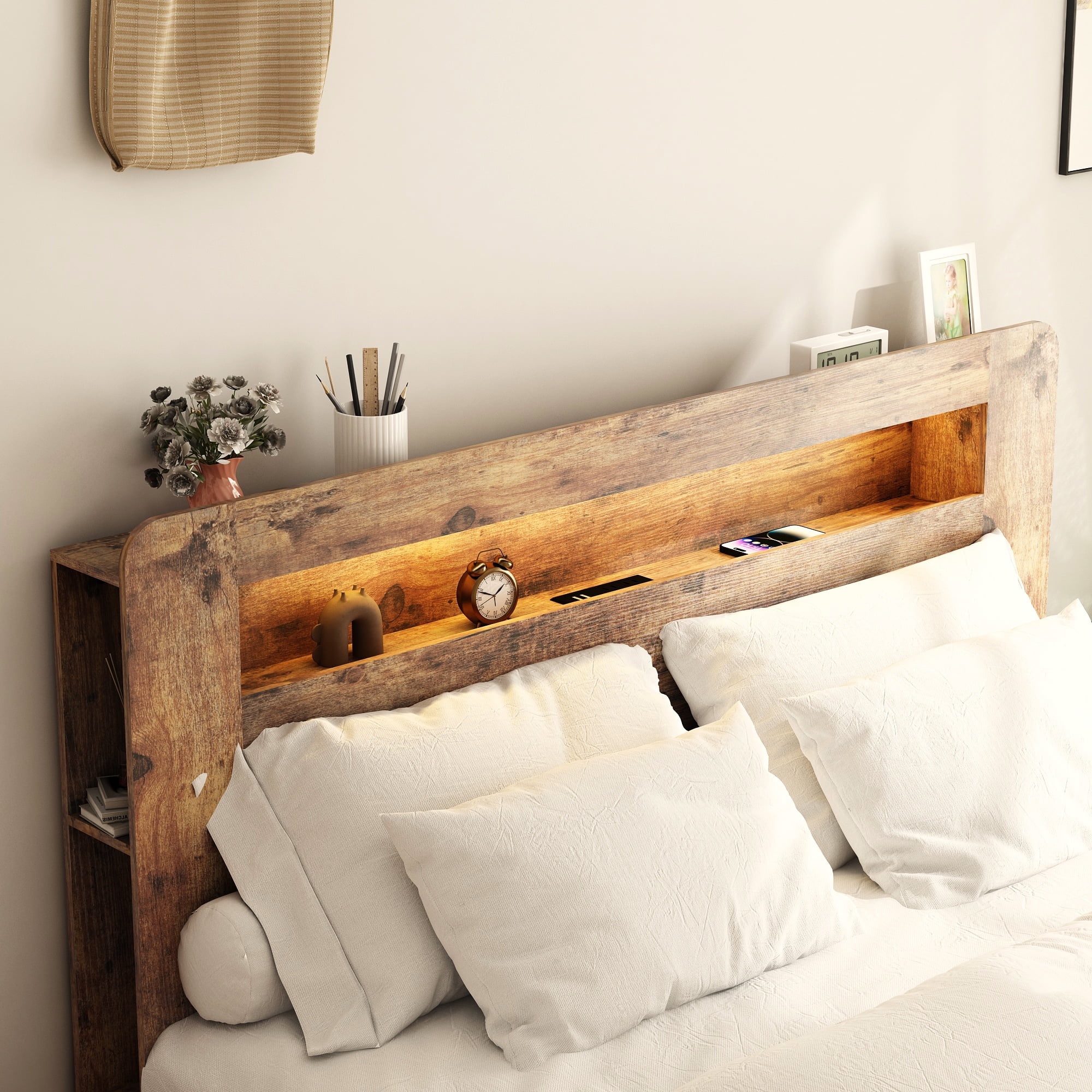 Gewnee King Size Wood Platform Bed Frame with LED Storage Headboard, No Box Spring Needed, Dark Brown