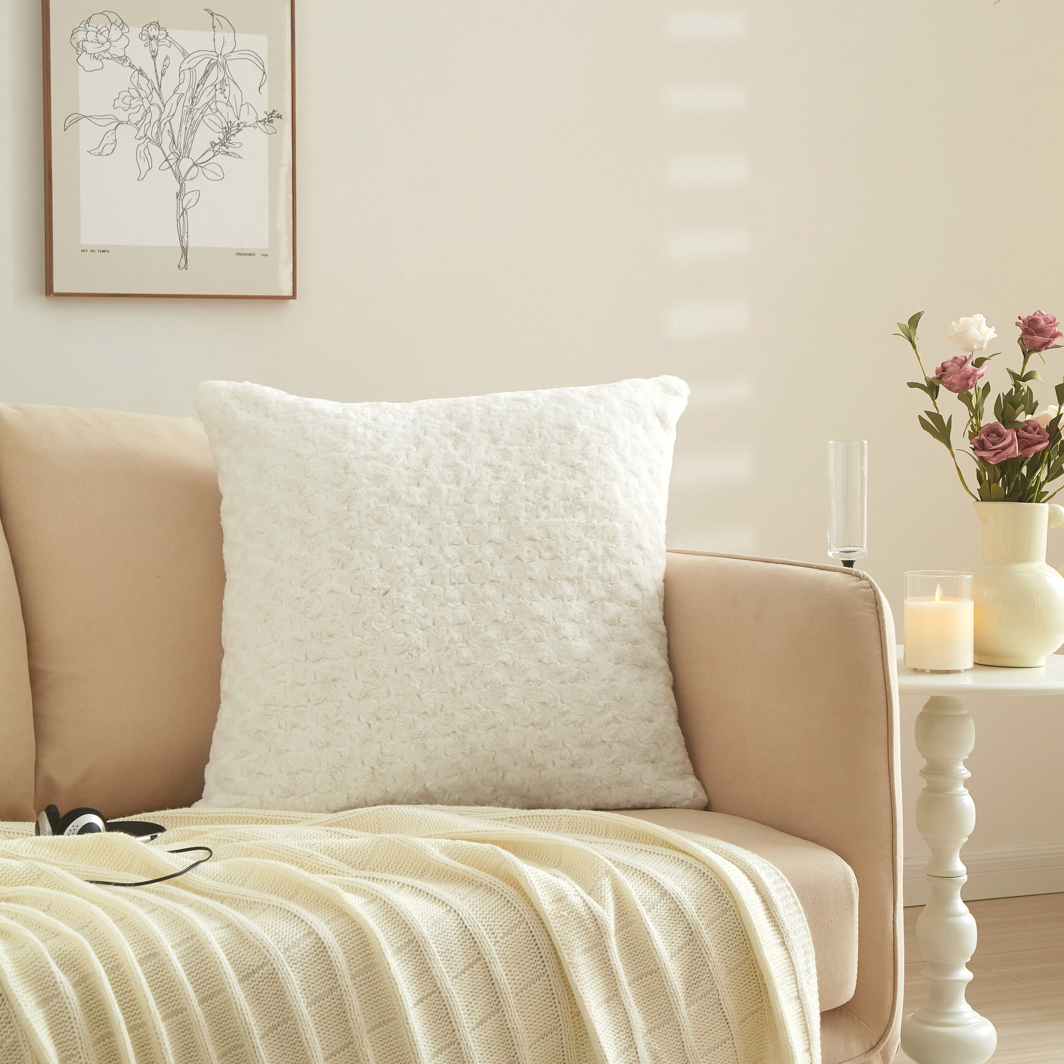 (2 pack) Mainstays 22" x 22" Rosette Faux Fur Decorative Pillow for Adults, Vanilla Dream