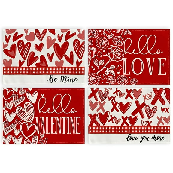 LAMIRO Valentine's Day Placemats 12X18"es Set of 4 I Love You Heart Red Seasonal Farmhouse Burlap Indoor Kitchen Dining Table Decorations for Home Party,Dinner Mats