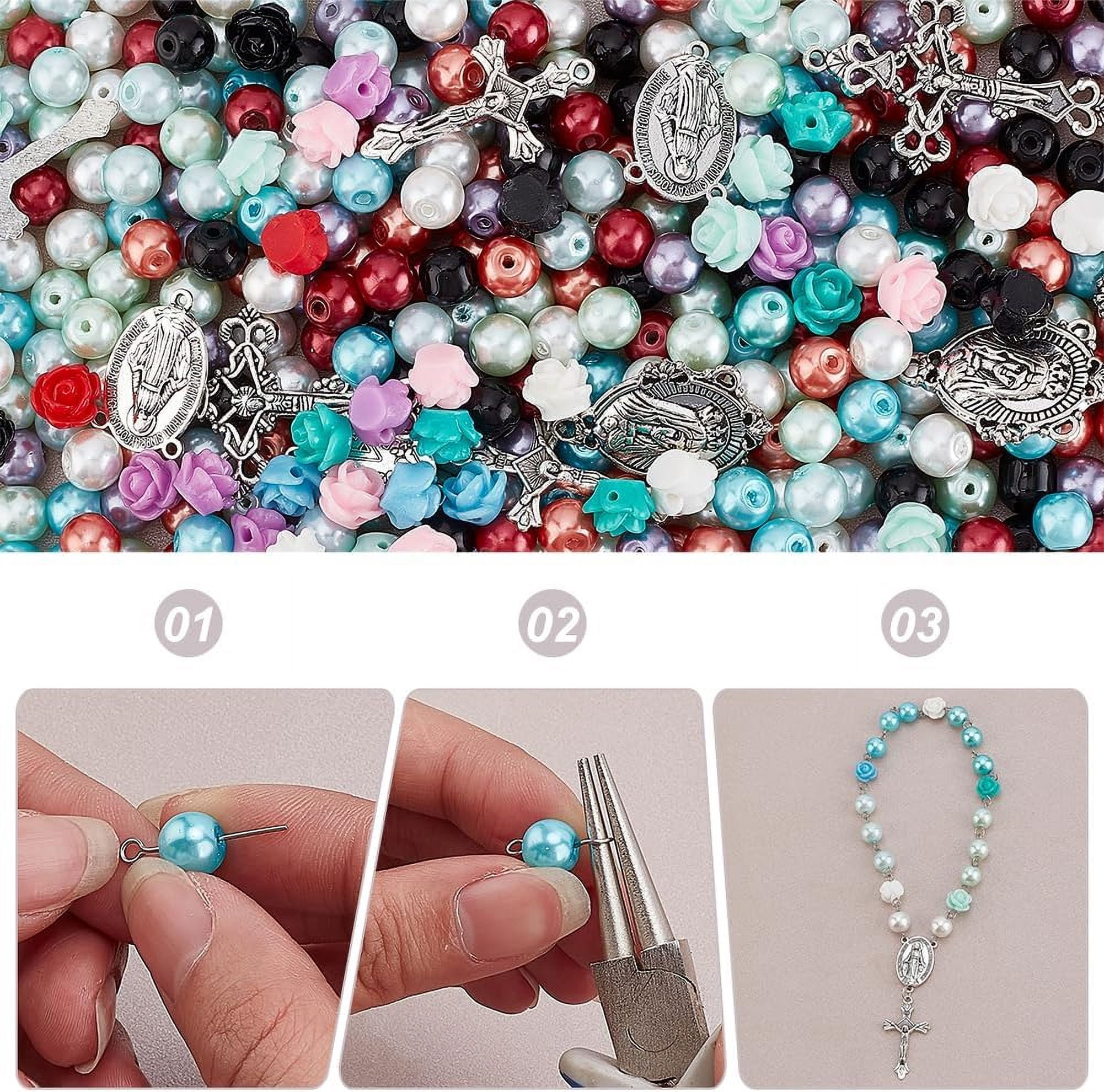 1set 767pcs Rosary Jewelry Making Kit Prayer Necklace Supplies 8mm Round Pearl Beads Cross Charms Pendants Flower Rose Beads for Rosary Bracelet Necklace Earring Easter Ramadan Jewelry Making