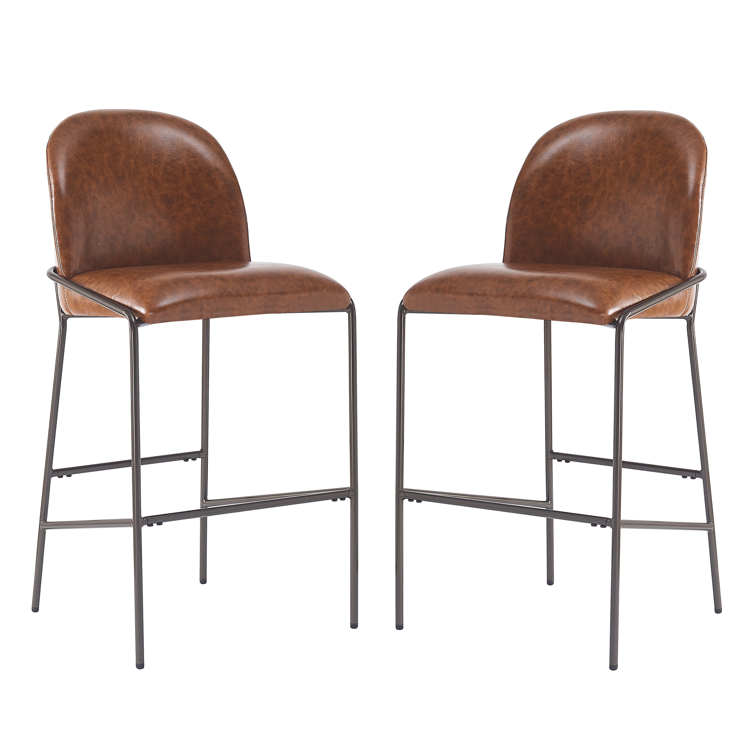 Kitchen Bar Stools, Counter Height Stools with Brown Faux Leather Seat and Antique Bronze Metal Frame, Upholstered Dining Stools for Kitchen, Bistro, Cafe, Set of 2
