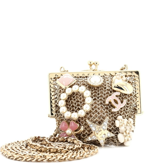 Pre-Owned CC Charm Kisslock Frame Clutch with Chain Embellished Metal Mesh Mini By Rebag