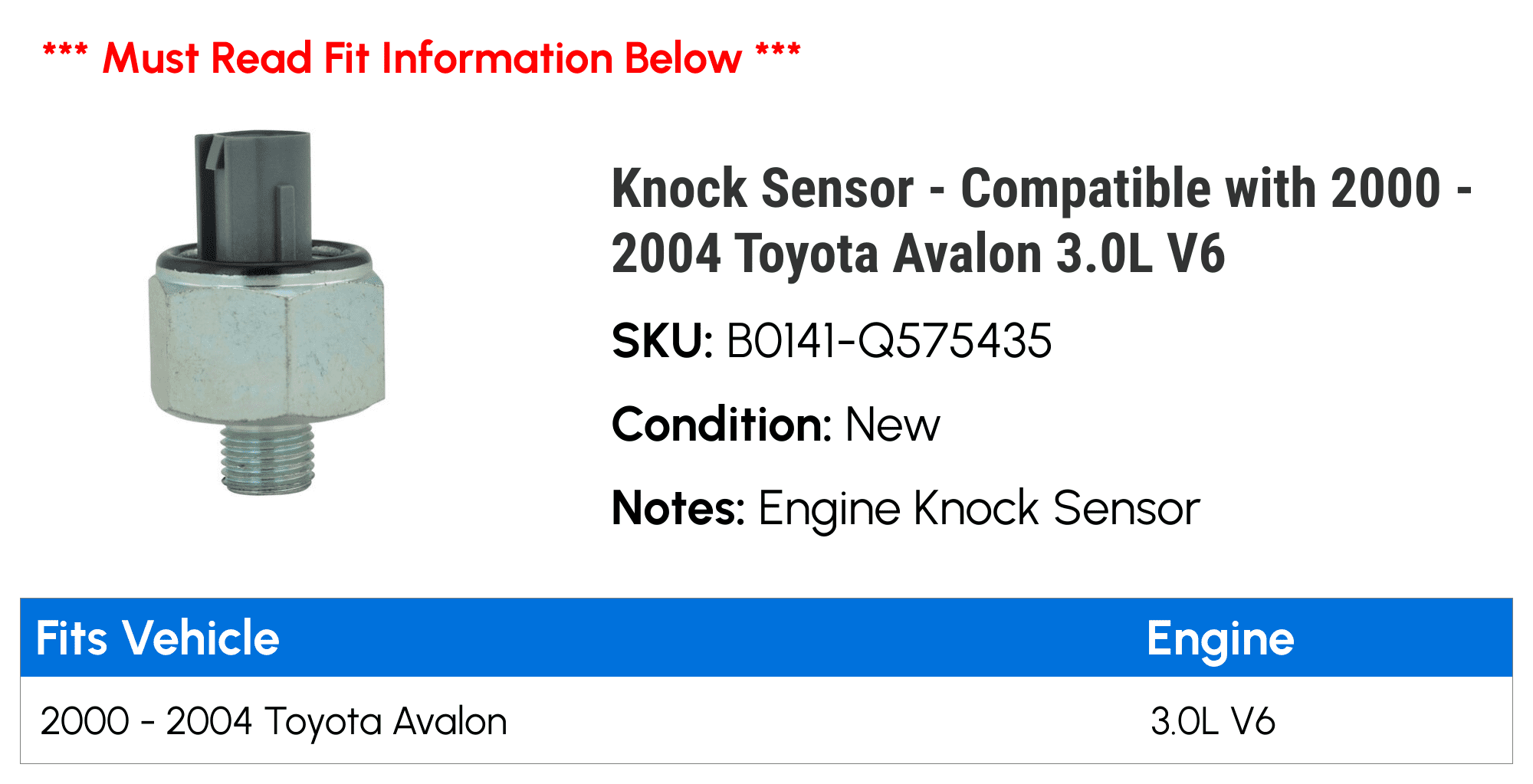 Knock Sensor - Compatible with 2000 - 2004 Toyota Avalon 3.0L V6 2001 2002 2003