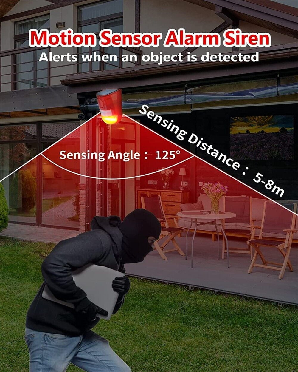 LINKPAL Solar Motion Sensor Alarm with LED Warning Strobe Light, Security Outdoor Device for Home, Warehouse, and Farm