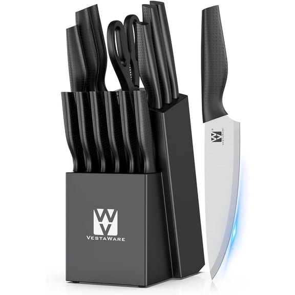 Knife Set, Vestaware 14 Pcs Kitchen Knife Set with Block, Practical One-Piece Knife Block Set Saving Space, Ultra Sharp Stainless Steel Knives Set Ergonomic Anti-slip Handle, New Home Essentials