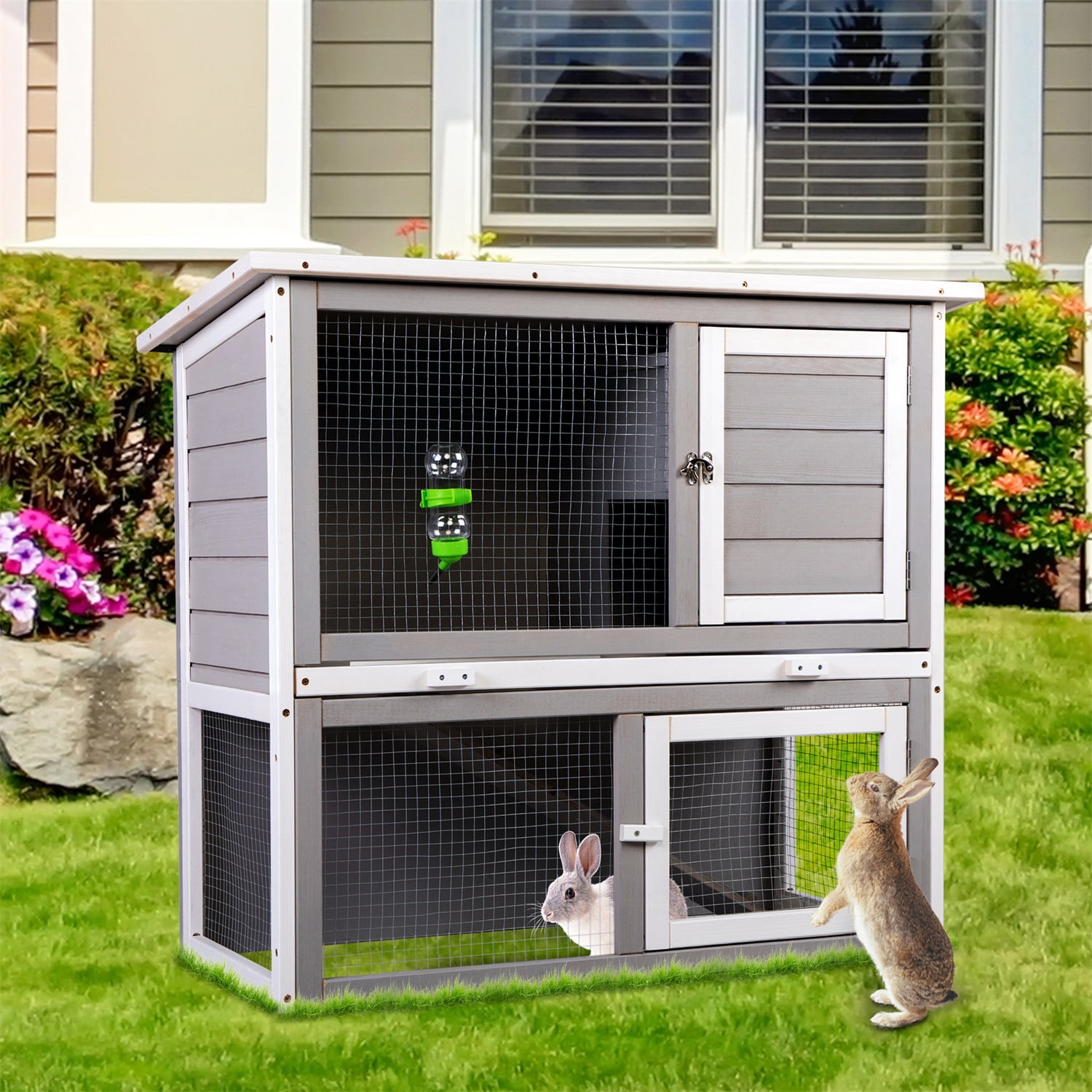 Pefilos 35" Indoor/Outdoor Rabbit Bunny Hutch for Multiple Small Pets Wooden Bunny Cage, Pet Hutches with Removable Tray Guinea Pig Hutch, Two Story Walking Chicken Coop, Gray Pefilos 35" Indoor/Outdoor Rabbit Bunny Hutch for Multiple Small Pets Wooden Bunny Cage, Pet Hutches with Removable Tray Guinea Pig Hutch, Two Story Walking Chicken Coop, Gray