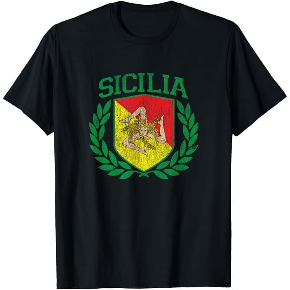 Sicilia Flag and Shield with Trinacria - Sicily Flag T-ShirtMen's and women's gift, black and white T-shirt, size: Extra large S-4XL