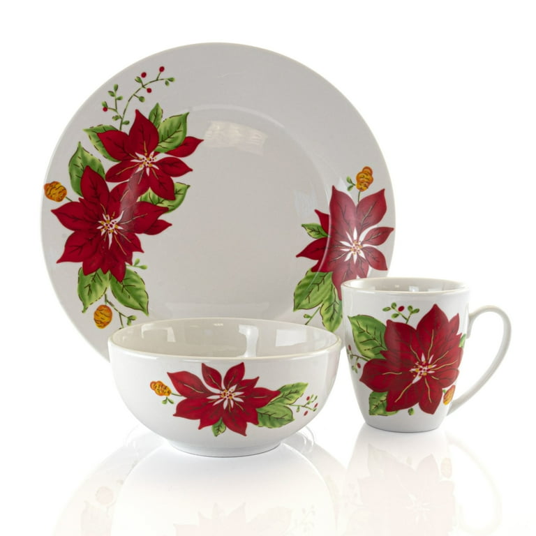 Gibson Home Holiday Poinsettia 12 Piece Fine Ceramic Dinnerware
