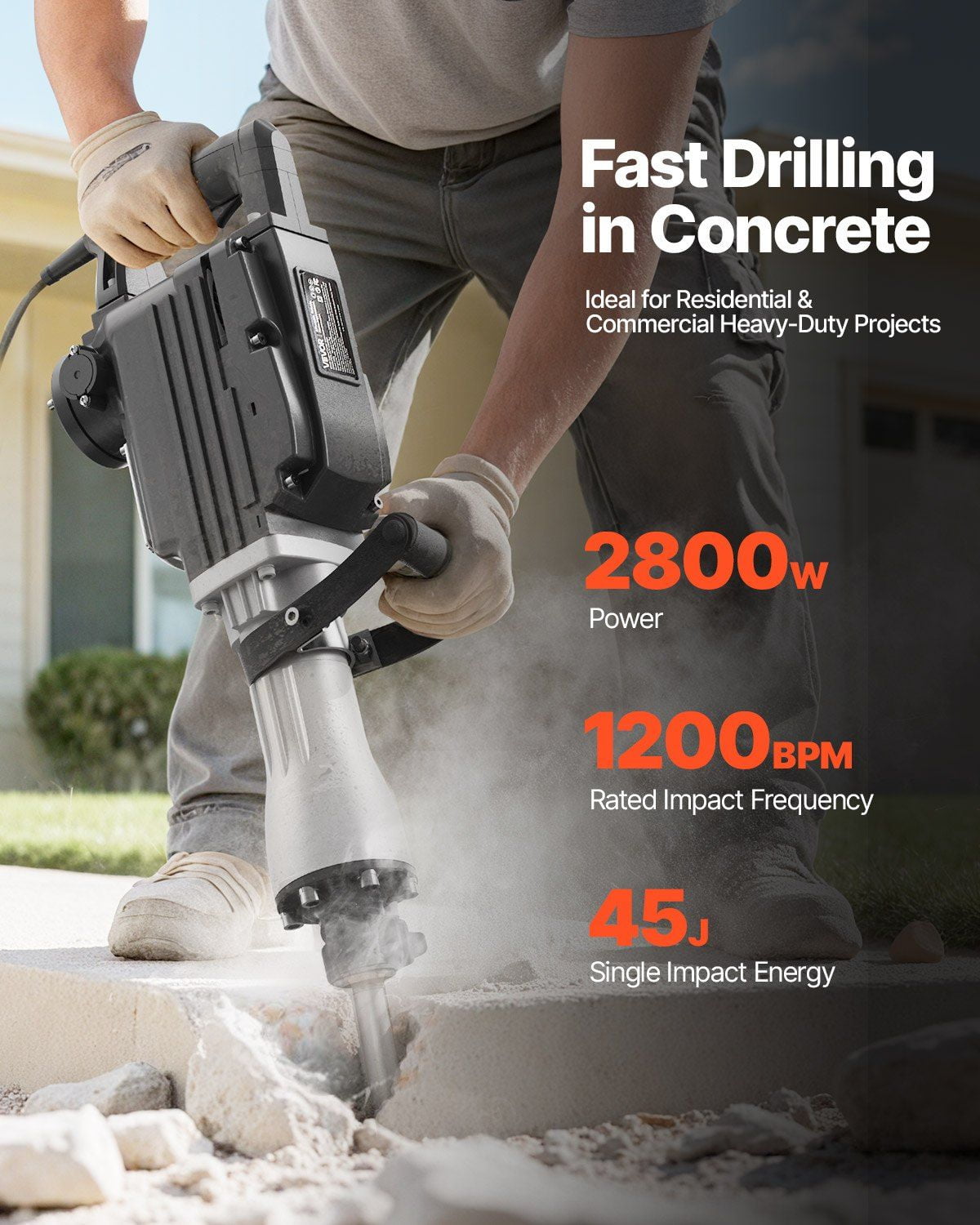 Demolition Jack Hammer, 2800W Heavy-Duty Electric Concrete Breaker, 1200 BPM with Point Chisel, Flat Chisel, Carrying Case & Safety Gloves for Concrete Demolition, Walls, Bricks, Tiles, Foundations