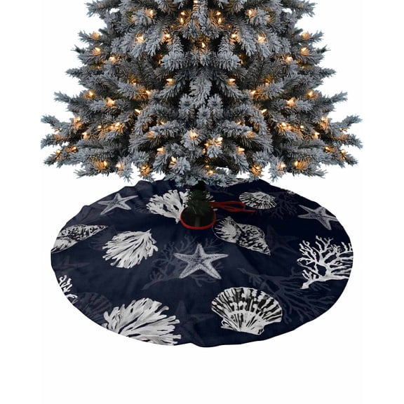 Navy Blue Coastal Christmas Tree Skirt 36 Inches Large Christmas Skirt Tree, Nautical Ocean Beach Coral Shell Tree Skirt Christmas Decorations for Fireplace Party Holidays Indoor Outdoor