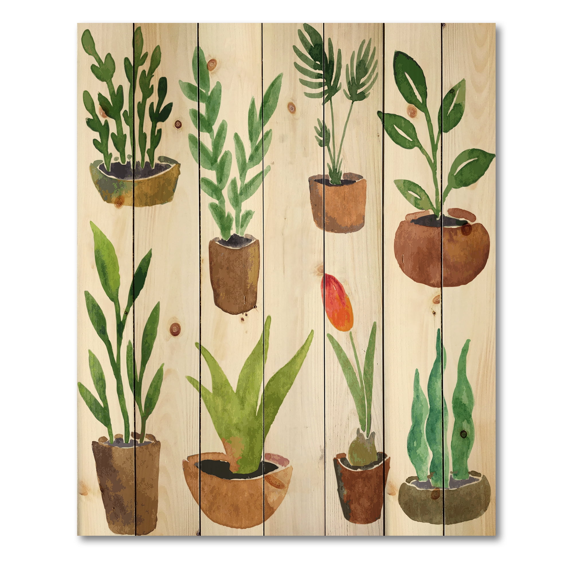 Designart 'Eight House Plants In Claypots' Traditional Print on Natural Pine Wood