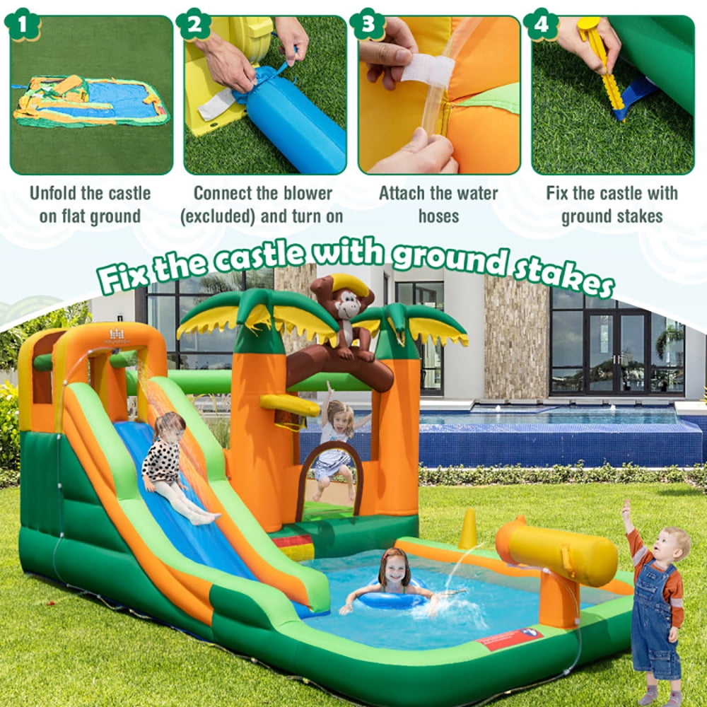 Aimee Lii Monkey-Themed Inflatable Bounce House with Slide without Blower, Toddlers Boys Girls Backyard Party Gifts