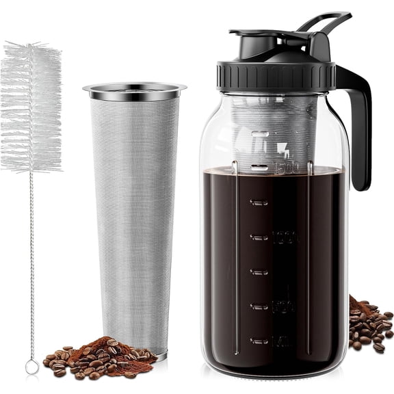Cold Brew Coffee Maker 64oz, Iced Coffee Maker with 304 Stainless Steel Filter, Mason Jar Pitcher with Lid and Spout (Black)