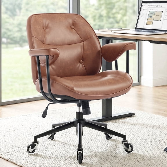 Mid Back Ergonomic Office Chair with Lumbar Support and Padded Armrests, Adjustable Height Swivel Leather Desk Chair for Home Office, Computer Work, and Living Room Lounge