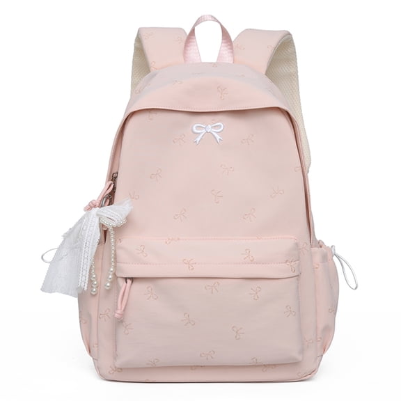 Solid Color School Backpack, Bow Embroidery Backpack with Pendant, Lightweight Breathable Bookbag for Middle School College, Pink