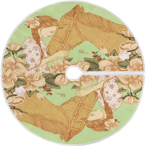 FMSHPON Horse Flower Girl Xmas Christmas Tree Skirt Stand Mat for Holiday Party Decoration Indoor Outdoor 48 inches