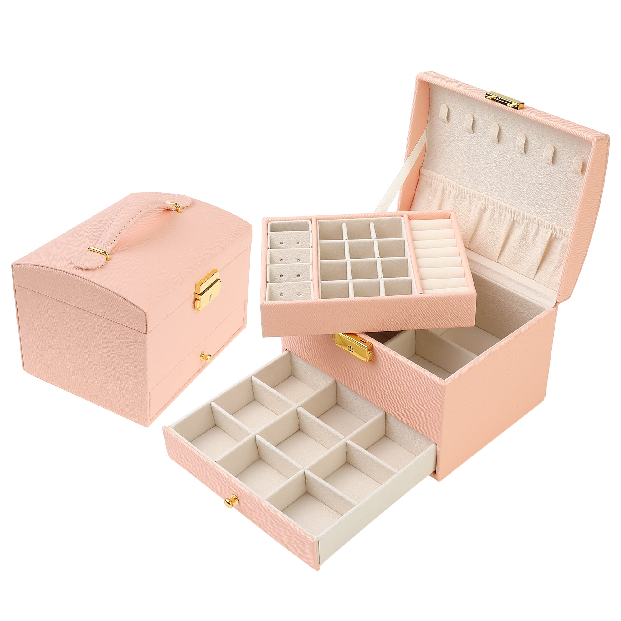 Unique Bargains 3 Layer Jewelry Box PU Leather Jewelry Organizer Case Storage Holder Pink