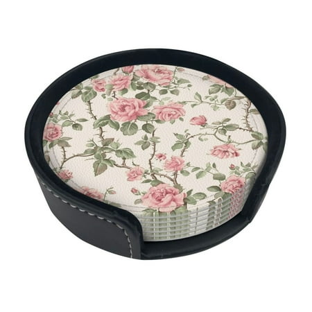 

Floral painting in watercolor coasters PU leather bar beer drink coasters 6 sets with stand coasters Suitable for wooden tables