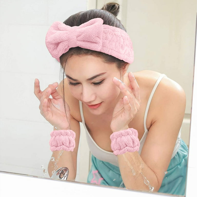 Spa headband for washing face and matching wrist strap, fuzzy skin care  headband for teenagers and girls, soft facial makeup headband for children  