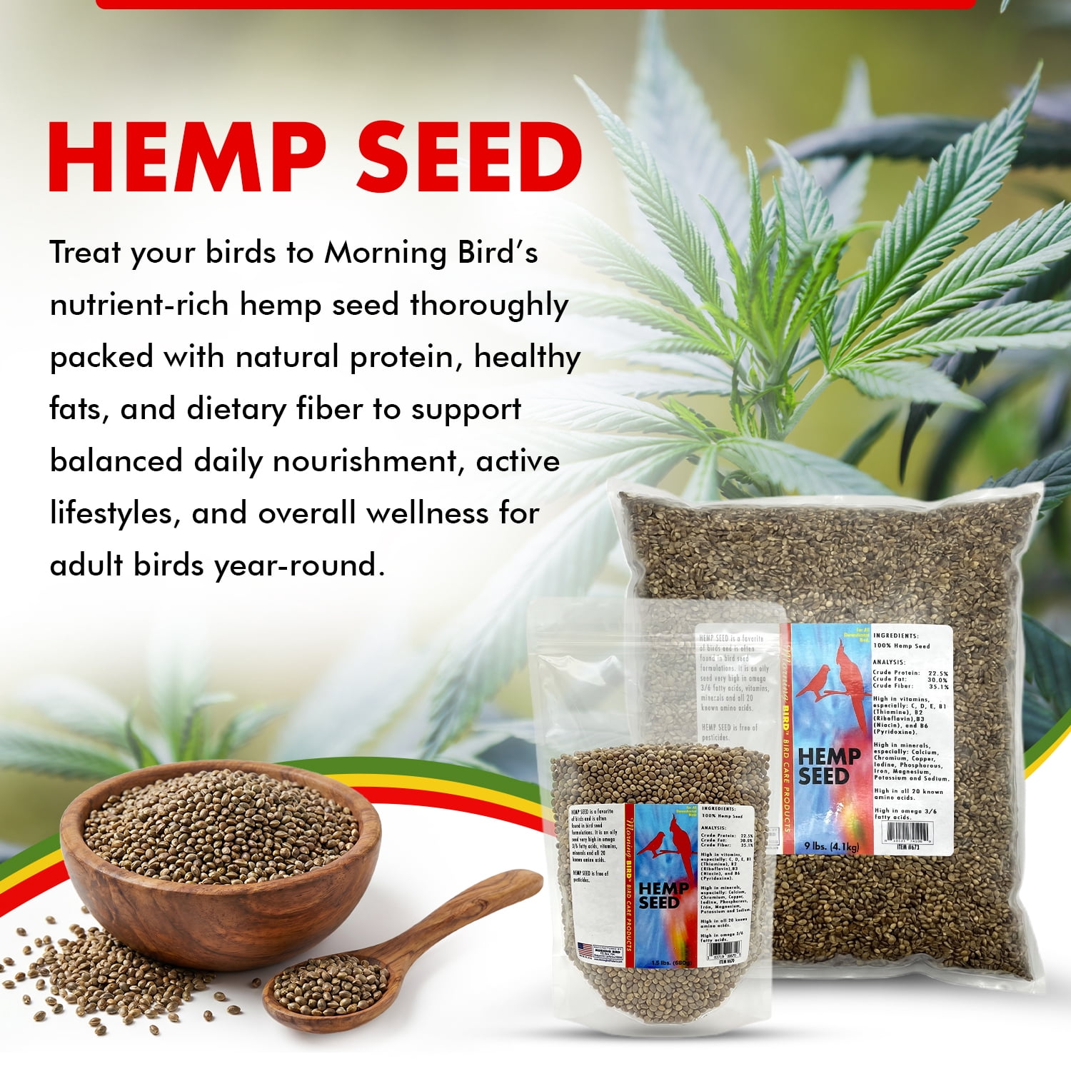 Morning Bird Hemp Seeds 18 lbs (2-Pack, 9 lbs Each) –  Bird Food for Parrots, Canaries & Finches – Natural Hemp Seed for Daily Nutrition