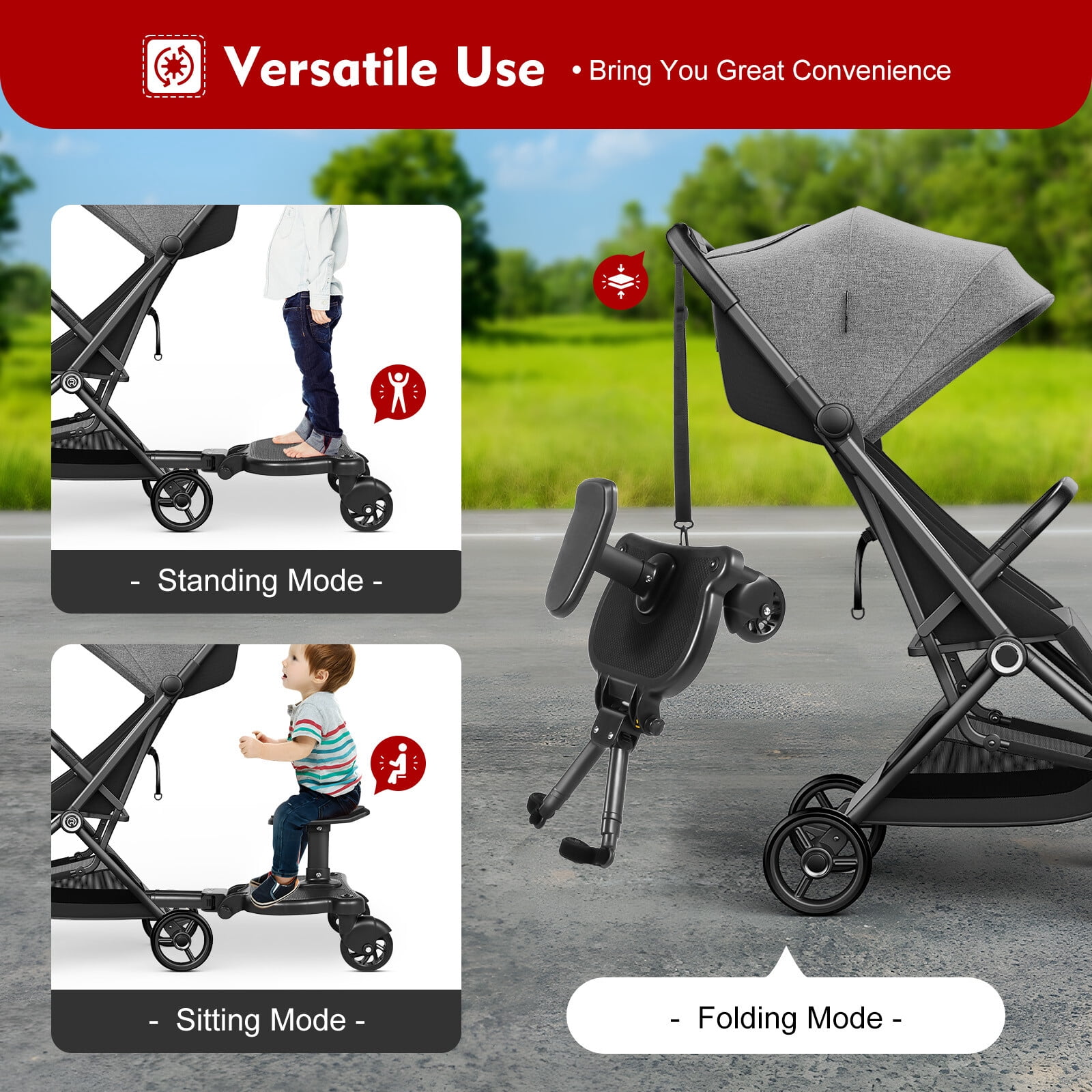 2 in 1 Stroller Ride Board, Universal Detachable Seat, Stroller Glider board, For 3-7 Years Old