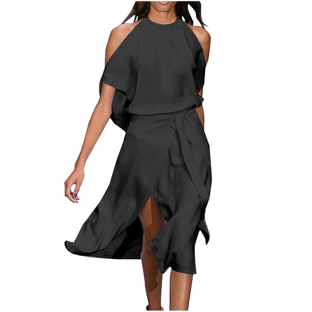 AherBiu Robes d'Été pour Femmes Manches Courtes Fente Enveloppante Ceinture Taille Décontractée Midi