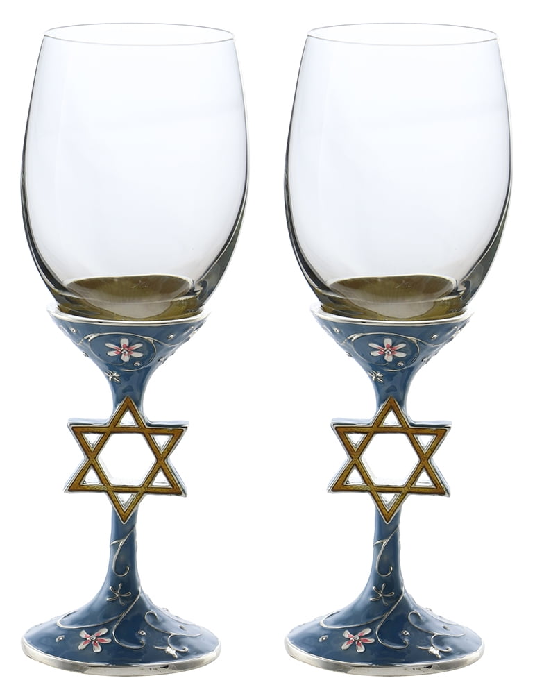 Pair of Star Of David Metal Stem Fully Decorated Wine Glasses